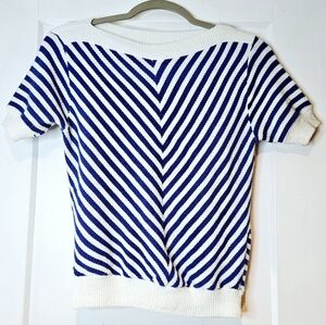 Blue White Vintage Coastal Nautical Chevron Stripe Knit Sweater Top
